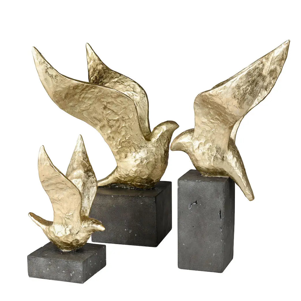 Three Gold Resin Winged Bird Tabletop Sculptures