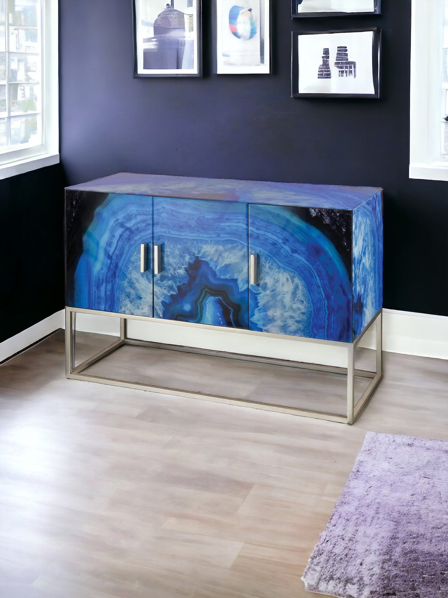 Five-O 3-Door 49" Wide Blue Agate Glass Credenza