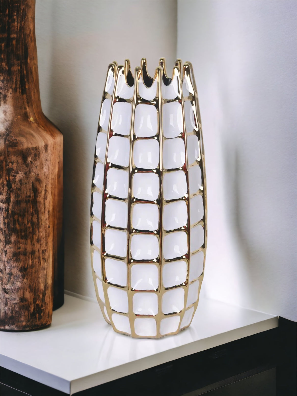 Peri White Vase with Gold Square Design