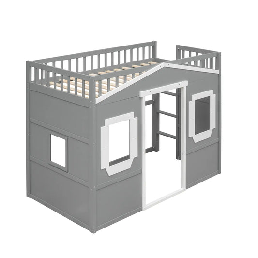 House Loft Bed with Ladder - Gray + White Frame