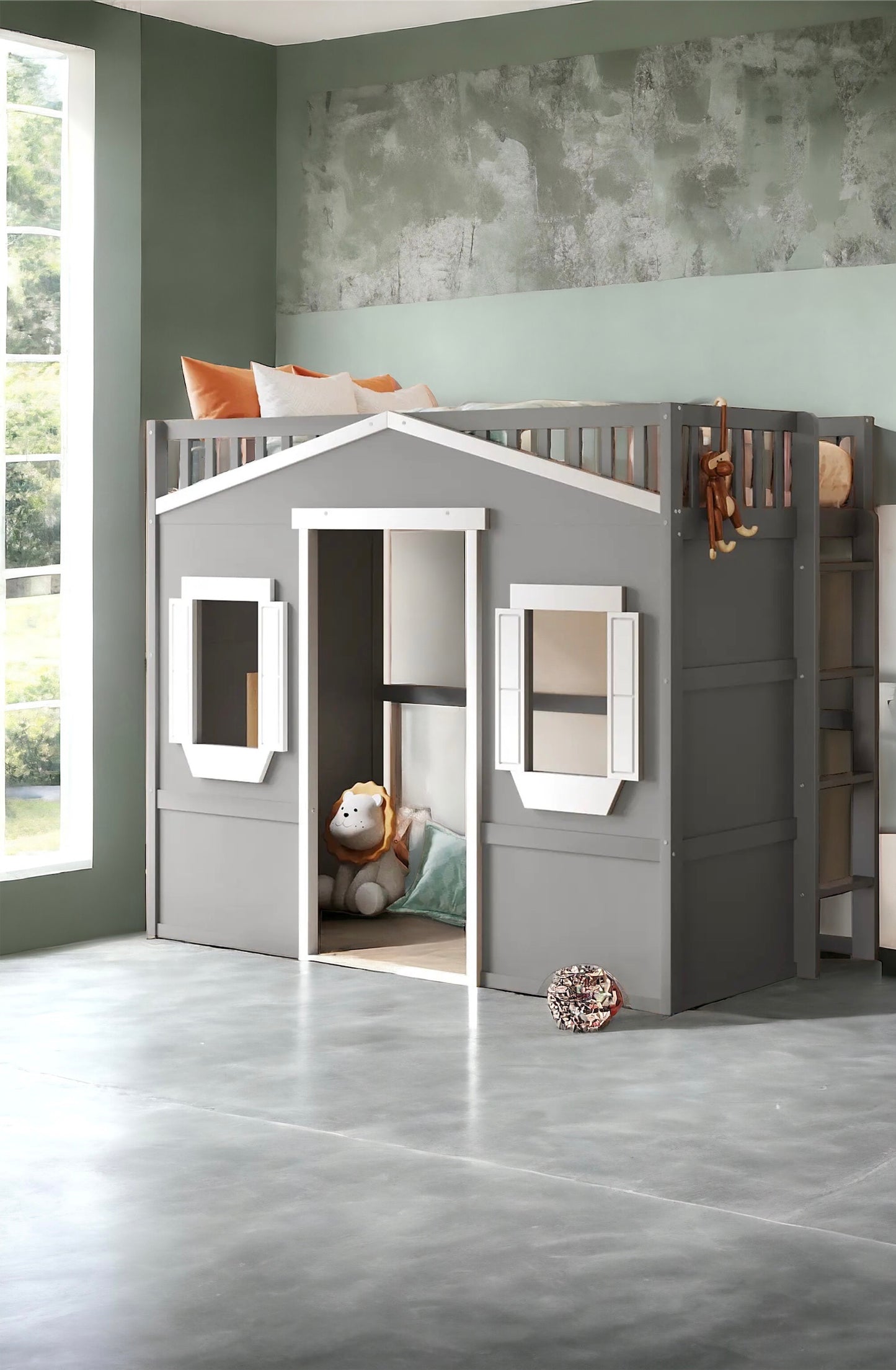 House Loft Bed with Ladder - Gray + White Frame