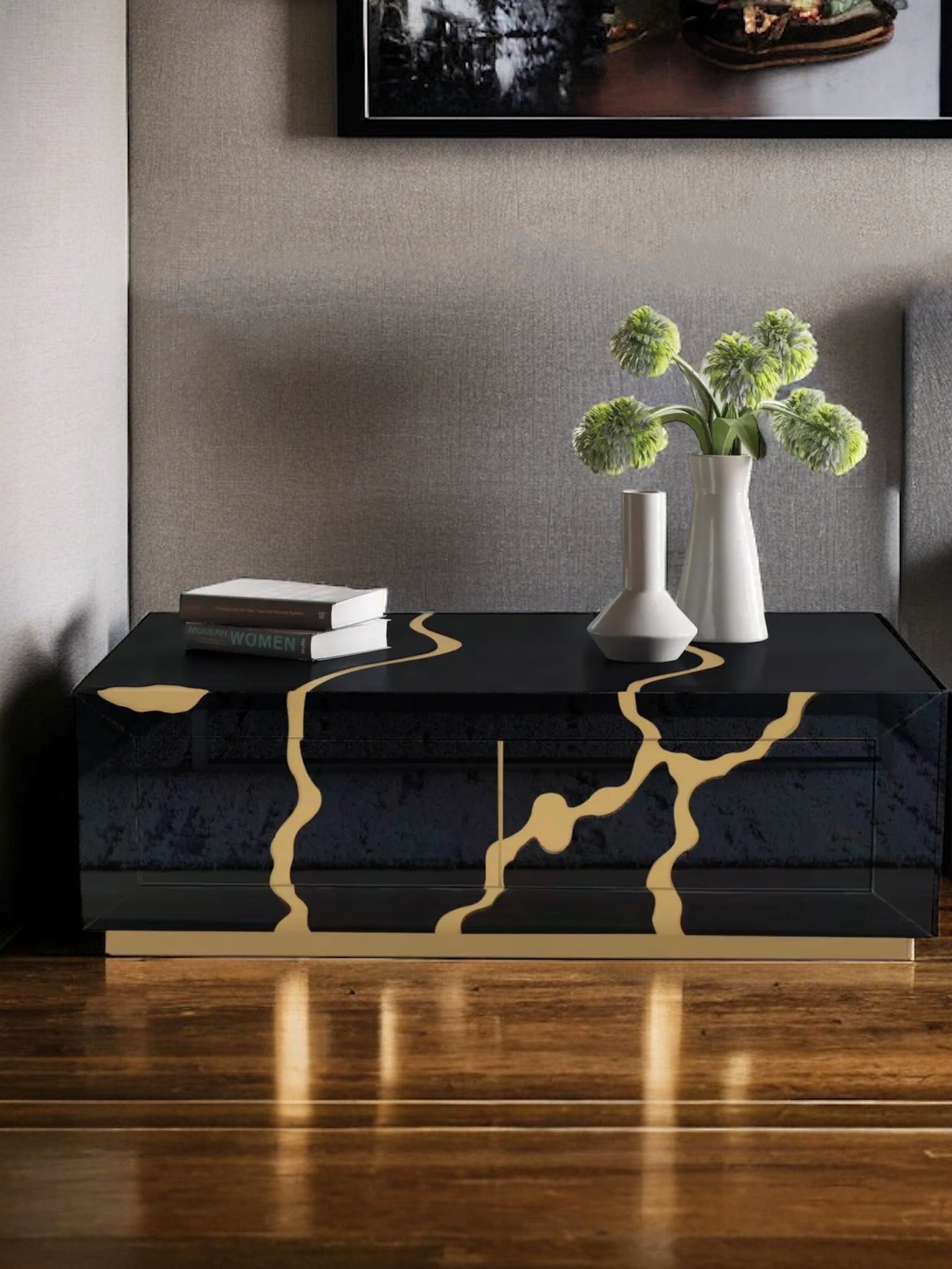 Coffee Table with Gold Accents and Two Drawers