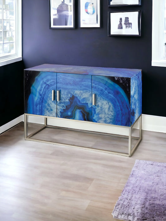 Five-O 3-Door 49" Wide Blue Agate Glass Credenza