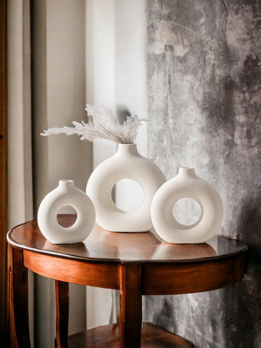 Off White Ceramic Hollow Donut Vase Set 3