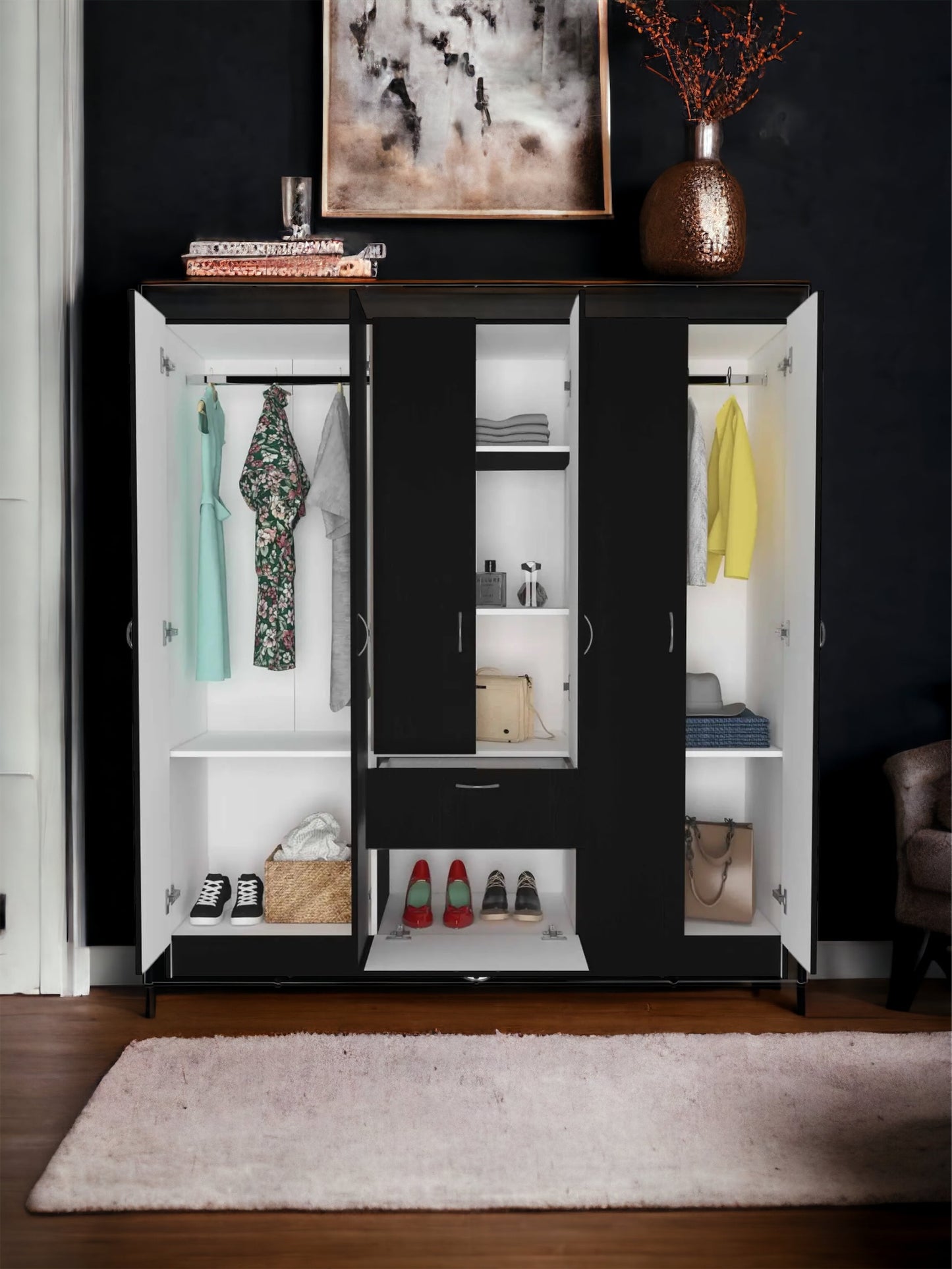 The Sylvia Six Door Armoire- Three Cabinets with Hidden Drawer