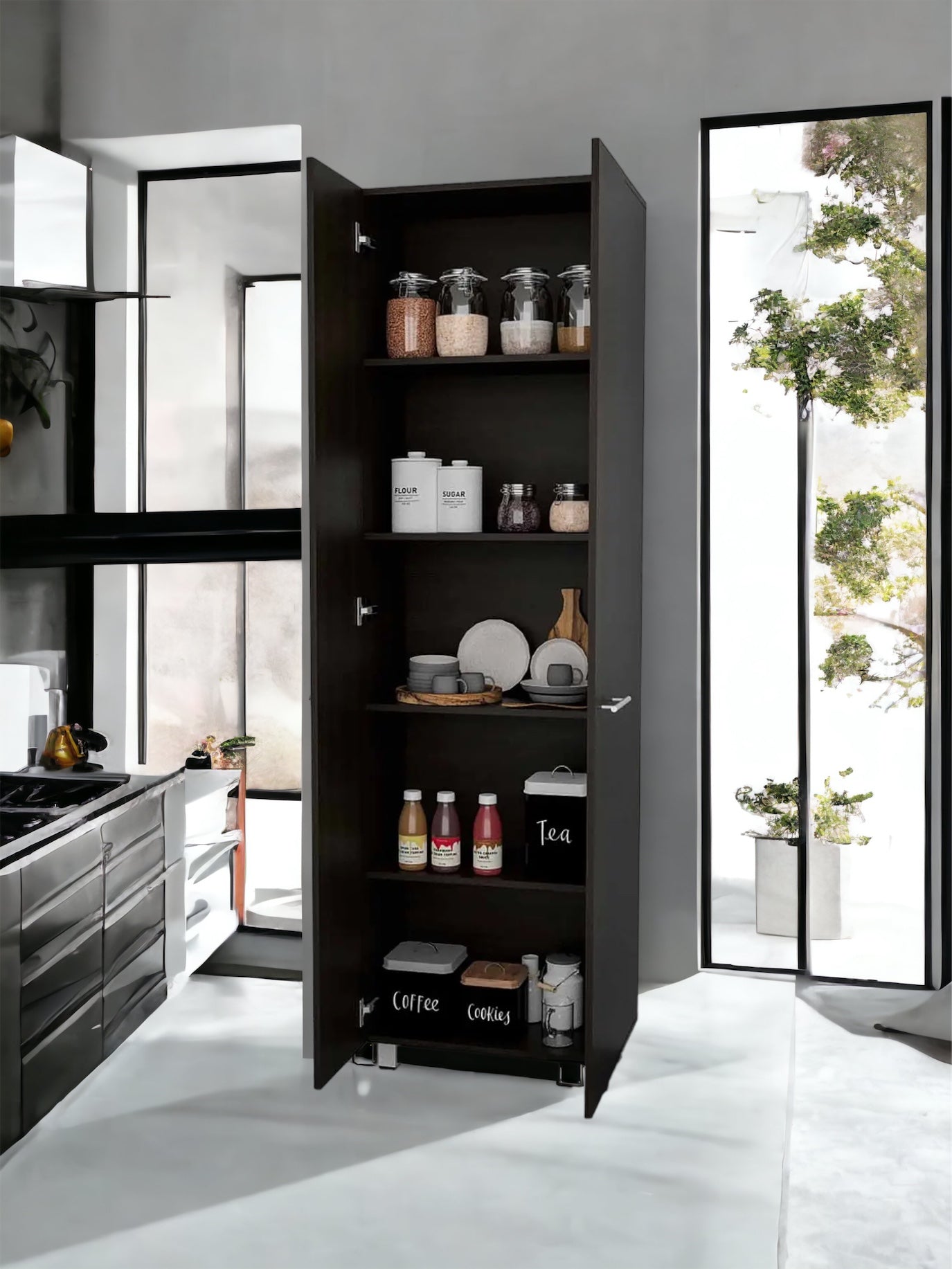 The Vivi Double Door Pantry Cabinet with Five Interior Shelves